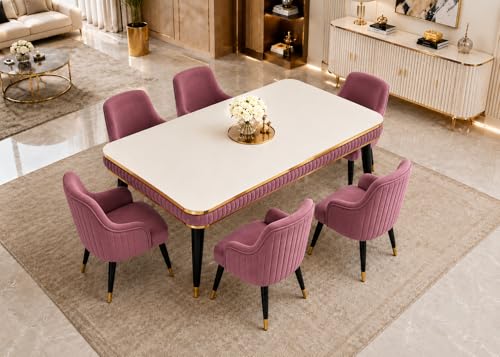 Image of WOODEN SPACE 6-Seater Wooden Dining Table Set | Nano Composite Marble Top | Solid Wood Base | Modern Dining Room Furniture with 6 Chairs (Pink Modern Zyro)