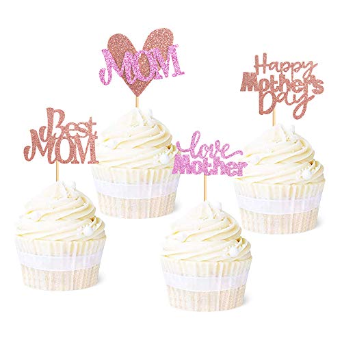 Ercadio Ercaido 48 Pack Happy Mother'S Day Cupcake Toppers Rose Gold Glitter Love Mother Best Mom Theme Cupcake Picks Happy Mother'S Day Theme Party Cake Decorations Supplies cover
