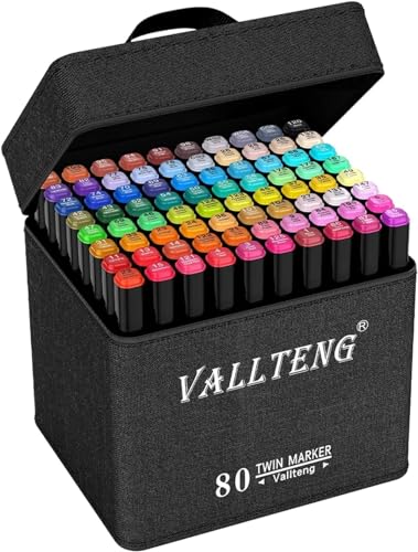 Vallteng 80 Farben Marker Set, Alkohol Permanenter Marker, Farbe schnell in einer Sekunde, Einzigartiges Doppelkopf-Design für Anfänger Hervorheben, Skizzieren, Zeichnen, Ausmalen