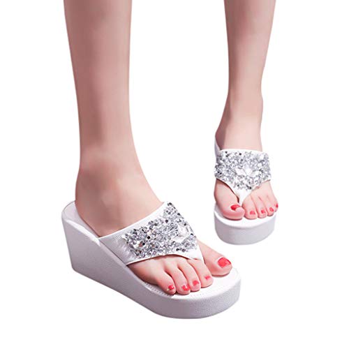 HIRIRI Summer Slippers Rhinestones Wedges Flip Flops Women s Sequin Shoes Comfort Beach Sandal White