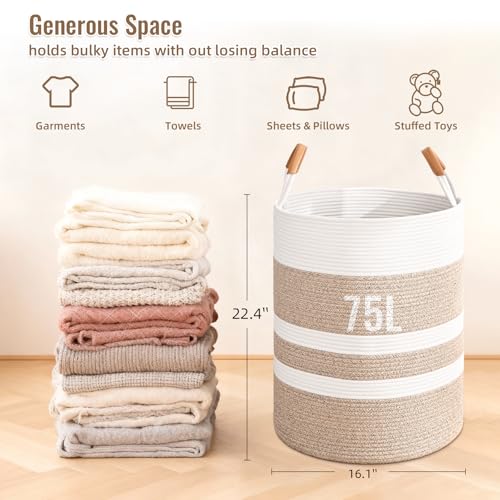 Image of Large Laundry Basket, Laundry Hamper with Leather Handles, 75L Woven Dirty Clothes Hamper, Rope Hampers for Bedroom, Barthroom, Brown