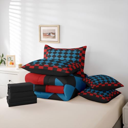 Image of Feelyou Checkered Retro Twin Comforter Set with Sheets for Kids Boys Girls Red Blue Black Plaid 7 Pieces Bedding Set Geometric Vintage Bed in a Bag Modern Simple Groovy Aesthetic Room Decor Soft