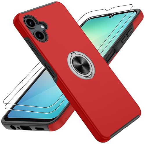 Coque Samsung Galaxy A06 rouge avec anneau magnétique rotatif et béquille de protection