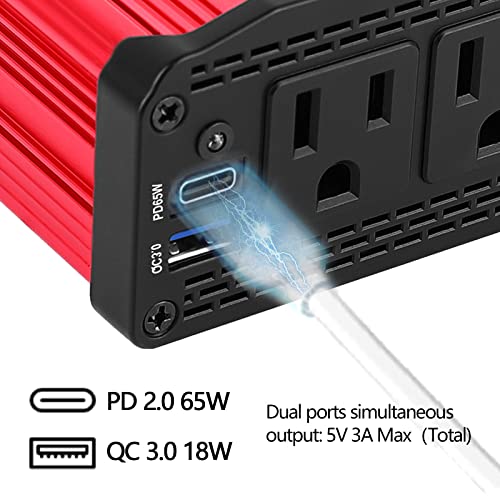 ALLWEI 300W Power Inverter DC 12V to 110V AC, Compact Car Plug Adapter Outlet with 65W PD USB-C &18W USB-A Fast Charging, Cigarette Lighter Adapter Car Charger for Phone, Laptop on Road Trip – Red
