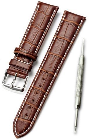 【白ステッチ 本革製 クロコダイル型押し ダークブラウン 21mm】時計ベルト 時計バンド ストラップ 交換 腕時計【バネ棒外しセット】