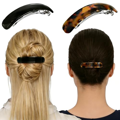 Pinzas para el cabello Oval Acetato, 2 unidades, Clips franceses vintage con diseño carey y negro, cierre metálico resistente antideslizante miniatura 1
