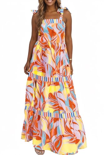 AlvaQ Summer Dress for Women Casual Sleeveless High Waist Boho Floral Print Beach Dress Square Neck A-Line Maxi Sun Dress Yellow Small