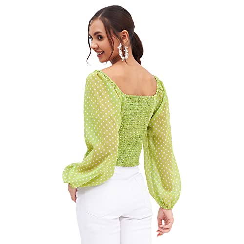 Image of Kibo Casual Women's Polyester Light Green V Neck Polka-dot Crop Top