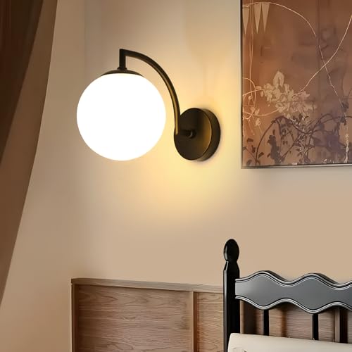 DELIPOP Applique da Parete Interno, E27 Lampade da Parete Moderne Paralume di Vetro, Applique Sfera Nero, Lampada a Muro per Camera da Letto Soggiorno Studio Corridoio