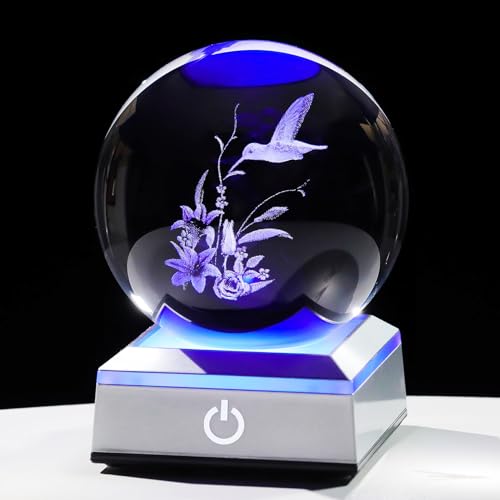 Boule de cristal 3D colibri et fleur de lys Ornalrist avec socle lumineux LED