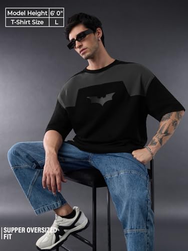Image of The Souled Store Batman: Dark Knight Men and Boys Short Sleeves Round Neck Black Graphic Printed Drop Shoulder Casual Streetwear Cotton Super Oversized T-Shirt