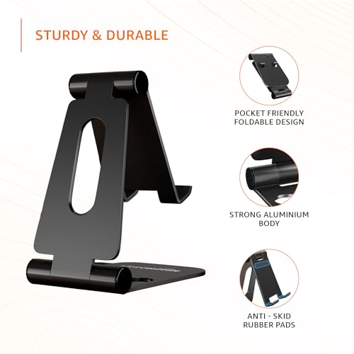 amazon basics Aluminum Adjustable Mobile Phone Foldable Tabletop Stand Dock Mount for All Smartphones, Tabs, Kindle, iPad (Black)