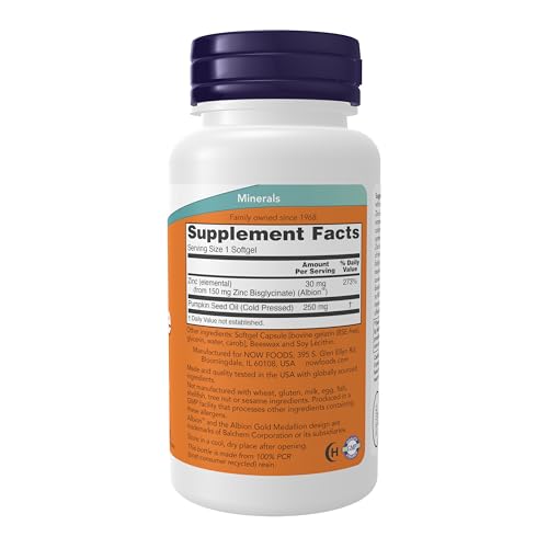 Image of NOW Foods Supplements, Zinc Glycinate with 250 mg Pumpkin Seed Oil, Supports Prostate Health*, 120 Softgels (Packaging May Vary) (Pack of 12)