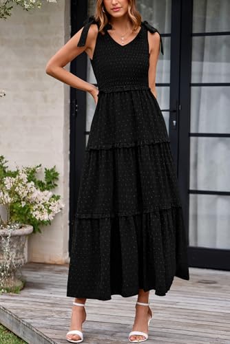 Okiwam Womens Summer Dresses 2025 Sleeveless Tie Strap Maxi Long Flowy Beach Sundresses Boho Swiss Dot Fall Wedding Dresses