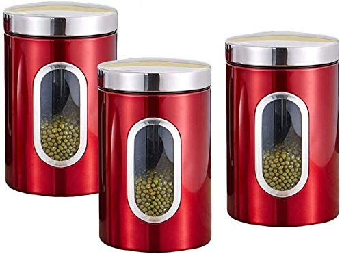 stardis Set di 3 barattoli da 0,9 l, con coperchio e finestra di visualizzazione, per alimenti, robusti, in metallo, per caffè, tè, cereali, caffè, rivestimento anti-impronte, colore: rosso