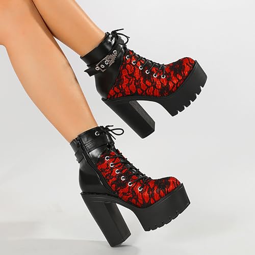 Platform Boots for Women,Women's Fashion Lace up Block Heel Combat Ankle Booties Studded Motorcycle Boot Mid Calf Round Toe Boots3