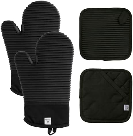 Ribbed Silicone Oven Mitts and Pot Holders Sets | Heat Resistant Silicone Hot Pads & Kitchen Mittens Accessories for Baking | Pair of Oven Gloves & Potholders for Kitchens | Black