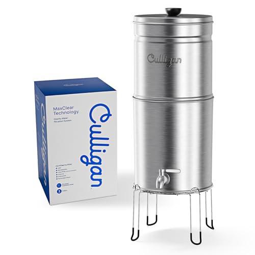 Image of Culligan MaxClear 3 Gallon Gravity Water Filter System, Brushed Stainless-Steel Countertop Water Filter NSF /ANSI Certified to Reduce Microplastics, Lead & Total PFAS, with 1 Ceramic Filter