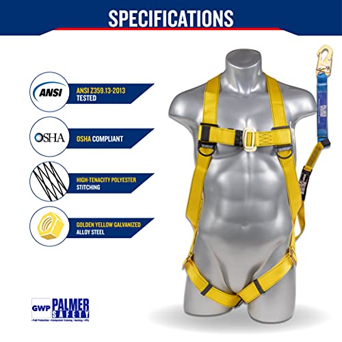 Palmer Safety Fall Protection Safety Harness W/Detachable 6' Single Leg Lanyard I External Shock Absorber Lanyard I Osha/Ansi Fall Arrest Kit I Ideal For Industrial & Construction Use (Yellow - 1Pk) #TOP3