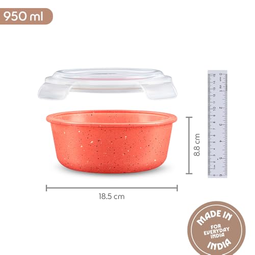 Image of Borosil 950 ml Kube Pink Food Storage Container with Air Tight Lid | Round Shape Borosilicate Glass Organiser | Microwave & Dishwasher Safe | For Fridge, Kitchen Storage