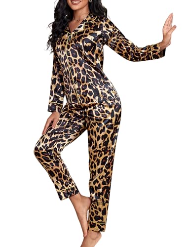 WDIRARA Women's 2 Piece Leopard Print Satin Pajama Set Long Sleeve Button Down Lounge Pants Sleepwear Sets
