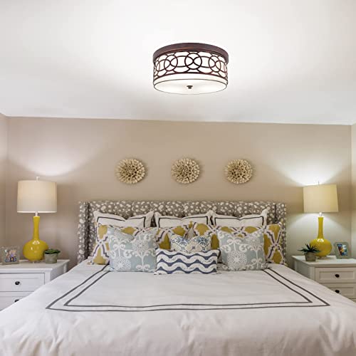 3 Light Flush Mount Ceiling Light, 15 Inch Flush Mount Drum Light, Double Shade Ceiling Light With Brushed Bronze Finish, Close To Ceiling Light For Bedroom Hallway Kitchen Foyer (Bulb Include) #TOP6