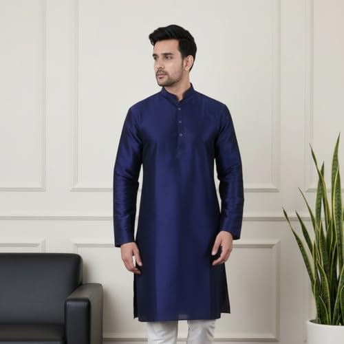 Image of Sadree Men's Silk Blend, Knee Length, Full Sleeve, Mandrin Collor, Solid Style, Attractive Colour, Solid Plain Kurtas