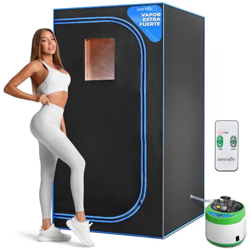 SereneLife Portable Sauna Box for Home, Steam Sauna Tent with Extra Large 4L Steamer - Includes Folding Sauna Chair, Remote Control w/ 9 Heat Levels for in-Home Spa - 2.9' x 2.9' x 5.9'