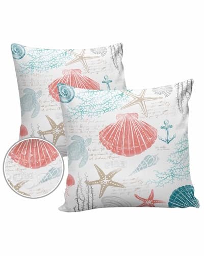 Coastal Coral Red Outdoor Pillow Cover 18x18 Inch Cushion Sham Case,Waterproof Decorative Square Throw Pillowcase for Outside Garden Patio Couch Chair Tent Nautical Ocean Turtle Teal Starfish Conch