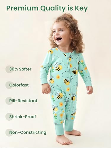 Image of Unisex Baby Bamboo Viscose Long Sleeve Romper, Cute Prints Zipper Footless Jumpsuit, Toddler One-Piece Outfits