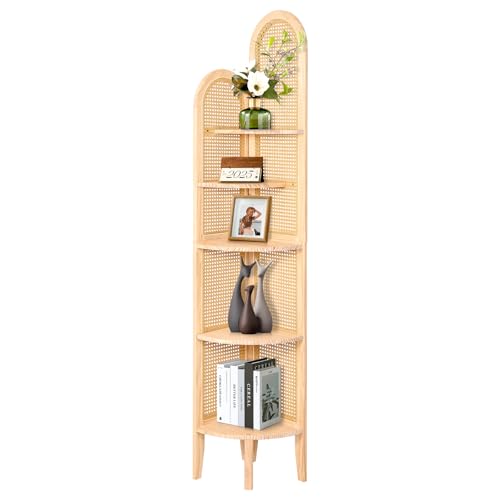 Eckregal, Bücherregal Rattan Regal Holz Eckregal stehend mit 5 Ebenen...