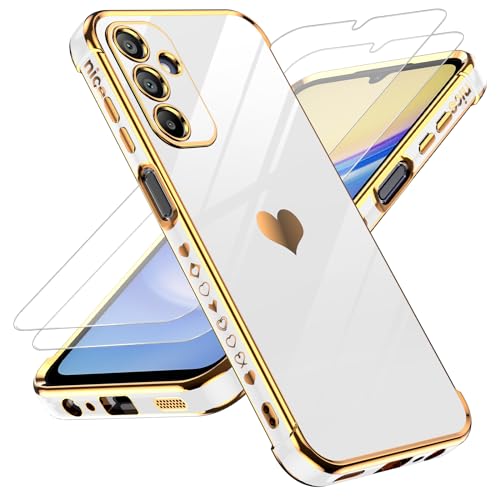 LeYi for Galaxy A15 5G Case: with Tempered Glass Screen Protector [2 Pcs]+ Full Camera Lens Protection, Love Heart Plating Women Luxury Shockproof Case for Samsung A15 5G, Cute Present for Mom, White