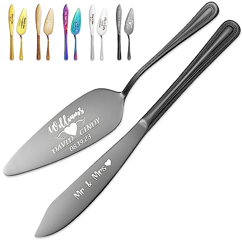 Juego de cuchillo y servidor personalizado para tartas de boda, juego de corte de pastel grabado para boda, cortador de pastel personalizado y servidor de pizza para despedida de soltera, cumpleaños,