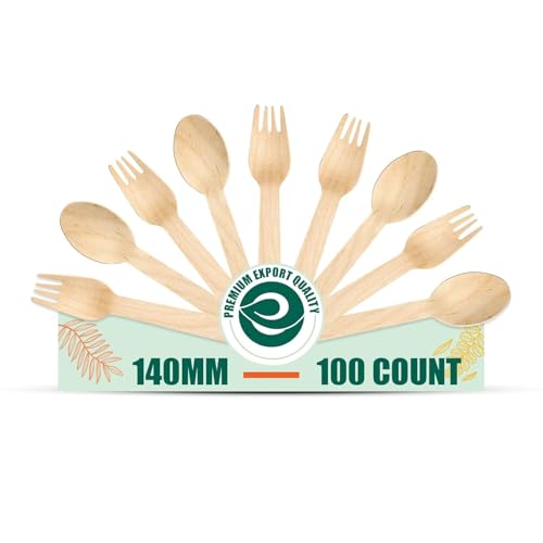 ECO SOUL [160mm, 50 Pack Disposable Spoons & Forks Set | Wooden Dining Flatware | Ideal for Kids Birthday, Wedding & Party
