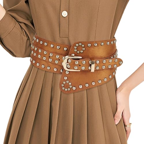 Pin Buckle Waist Belt for Women Ladies Underbust Corset Fashion Female Stretch Waist Strap with Rivet for Prom Party, Brown3