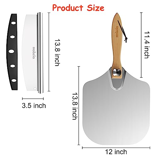 Pizza Peel Metal Pizza Spatula, Pizza Paddle 12 x 14 inch, Pizza Cutter Rocker, Pizza Paddle with Foldable Handle, Aluminum Pizza Peel Kit for Dough, Bread & Pastry, mobzio Pizza Oven Accessories