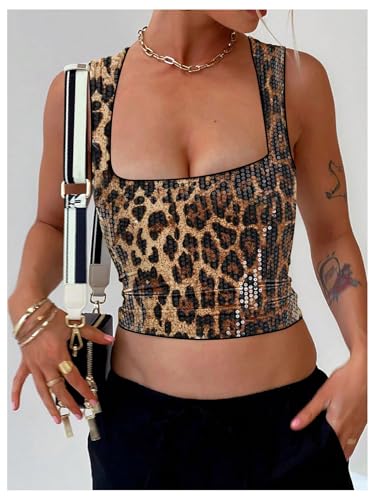 SOLY HUX Women's Leopard Sequin Tank Top Square Neck Sleeveless Y2k Cheetah Print Crop Tops4