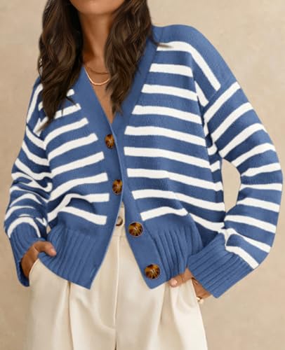 Image of PRETTYGARDEN Women's Long Sleeve Striped Open Front Cardigan Sweaters Button Down Knit Lady Jackets 2025 Fall Outfits