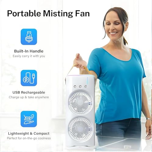 Image of Portable Air Cooler Fan with Mist Function, Dual Fan Design, 700ml Water Tank, USB Powered, Remote Control, LED Light, Timer Settings, Carry Handle