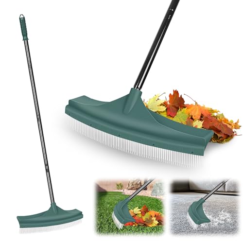 ORIENTOOLS Cepillo de césped artificial, rastrillo curvado para hojas de césped Astro, herramientas de jardinería para césped con mango de acero ajustable de 80 a 134 cm, rastrillo de ventilador con