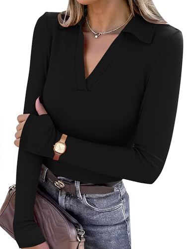 LOMON LOMON Womens Pullover Sweaters Y2K Going Out Tops Deep V Neck Polo Shirt Thumb Holes Ribbed Long Sleeve Tops for Women
