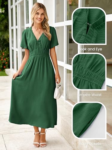Image of Simplee Women's Summer Flowy Midi Dress Casual V Neck Short Sleeve Empire Waist Boho Beach Dress Wedding Guest Maxi Dress