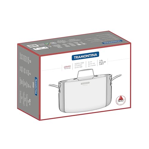 Tramontina Grano Deep Casserole 3-Ply Stainless Steel for Induction, Electric, Gas and Ceramic Glass Hobs, ‎Cookware, Kitchen, 24 cm, 5.8 litres, 62144240, Silver