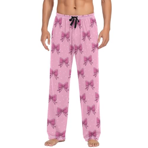 Men's Cute Pink Bows Pajama Pants with Pockets - Straight Fit Cotton Sleep Bottoms for Lounge & Nightwear#6102