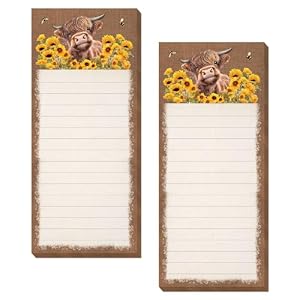 FYSUIMU Magnetische Notizblöcke, Motiv: Hochlandkuh, rustikale Kuh, Sonnenblume, Biene, To-Do-Papierblock, Braun, Einkaufsliste, Notizblock für Zuhause, Küche, Kühlschrank, Dekoration, 2 Stück