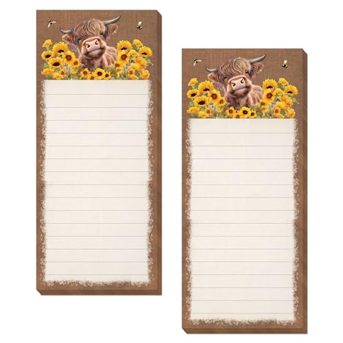 FYSUIMU Magnetische Notizblöcke, Motiv: Hochlandkuh, rustikale Kuh, Sonnenblume, Biene, To-Do-Papierblock, Braun, Einkaufsliste, Notizblock für Zuhause, Küche, Kühlschrank, Dekoration, 2 Stück