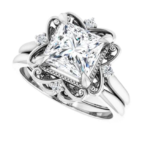 10K/14K/18K Solid White Gold Handmade Engagement Ring, 1CT-3CT Princess Cut Moissanite Solitaire Ring, Diamond Wedding Ring Set for Women/Her, Anniversary/Propose Ring, VVS1 (Main Stone : 2.50 Carat)