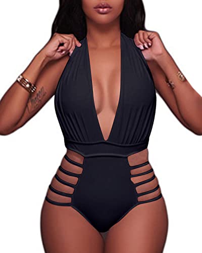 Aqua Eve Women Sexy One Piece Swimsuits Halter Plunge V Neck Cutout Bathing Suits Black Medium #TOP3