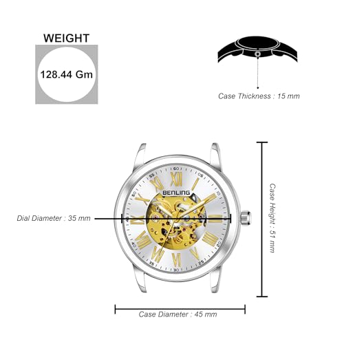 Image of Benling Skeleton Analog Automatic Watch for Men, Mechanical Movement, Leather Strap, Formal Casual Party Official Purpose