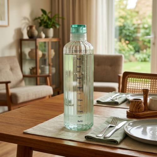 Image of Glass Water Bottle for Adults, Student Direct Drinking Freezer Safe, Leak Proof, Gym Travel On-The-Go Hotel-Style Design Borosilicate Glass Water Bottle With Time Marker (Green Lining)